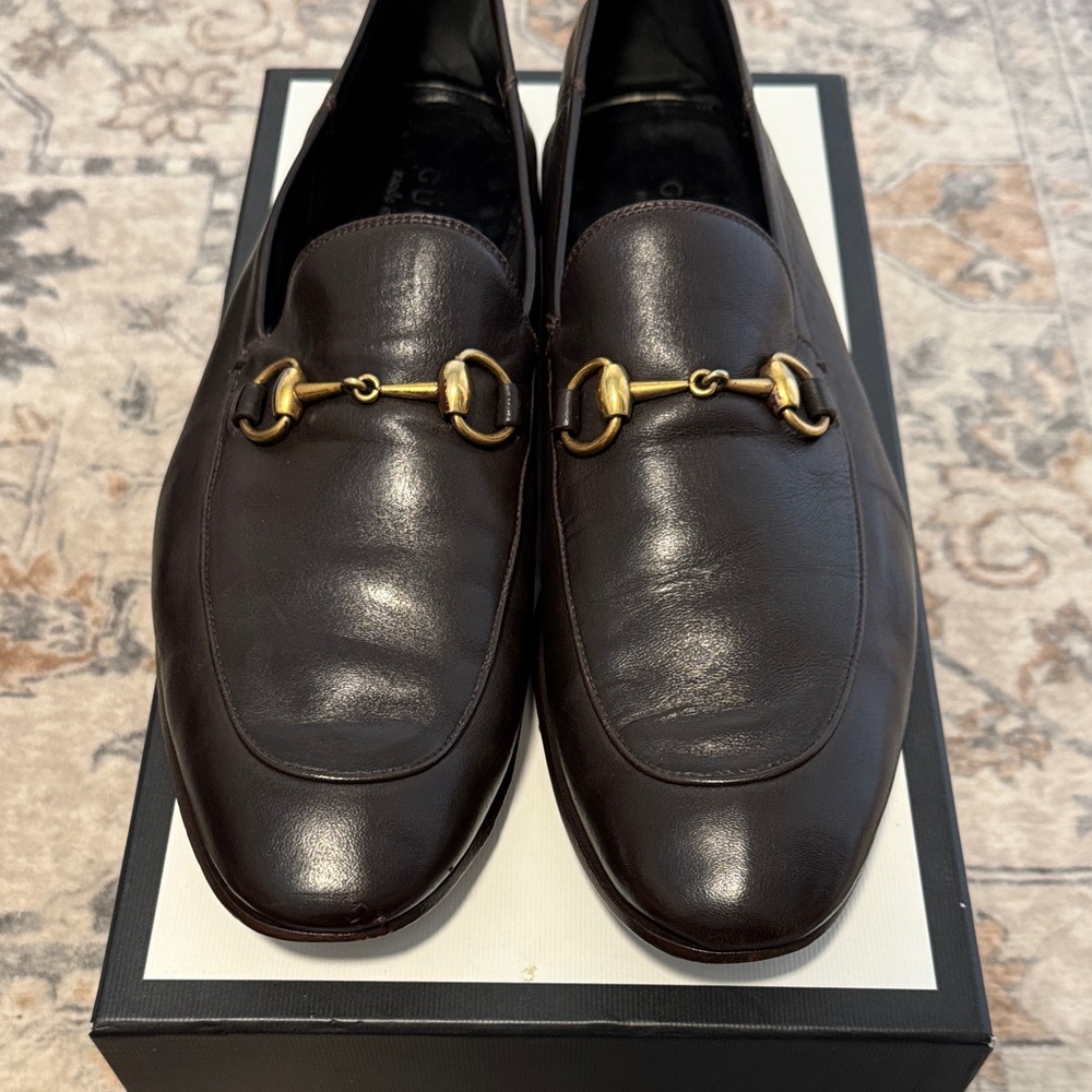 Gucci Men's Brixton Dark Brown Leather Loafers with Gold Horsebit